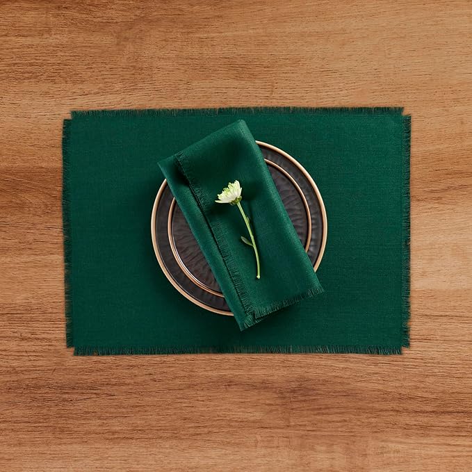 Solino Home Evergreen Linen Napkins Set of 4-100% Pure Linen Fringe Dinner Napkins 20 x 20 Inch for Fall, Autumn, Christmas, Winter, New Year - Handcrafted and Machine Washable