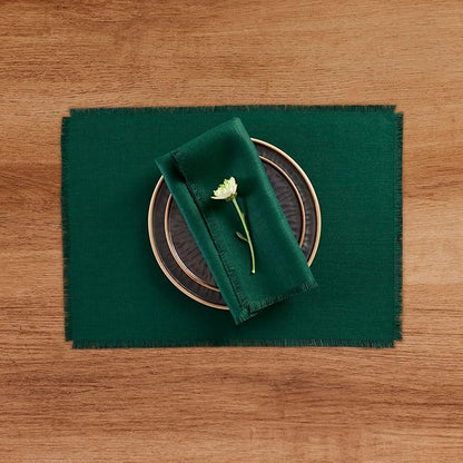 Solino Home Evergreen Linen Napkins Set of 4-100% Pure Linen Fringe Dinner Napkins 20 x 20 Inch for Fall, Autumn, Christmas, Winter, New Year - Handcrafted and Machine Washable