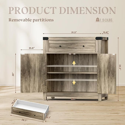 YESHOMY Coffee Bar and Accent Cabinet, Farmhouse Barn Door Buffet Sideboard with Drawer and Adjustable Shelf, Wide Desktop for Kitchen, Dining Room, Bathroom, Entryway, Oak