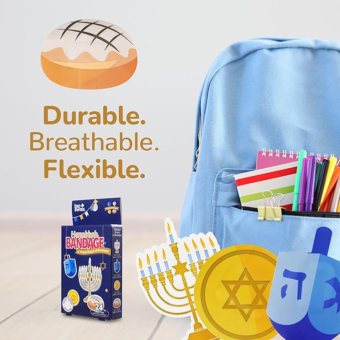 BioSwiss Kids Bandages, Hanukkah Shaped Self Adhesive Bandage Set, Latex Free, Sterile Wound Care, 24 Count