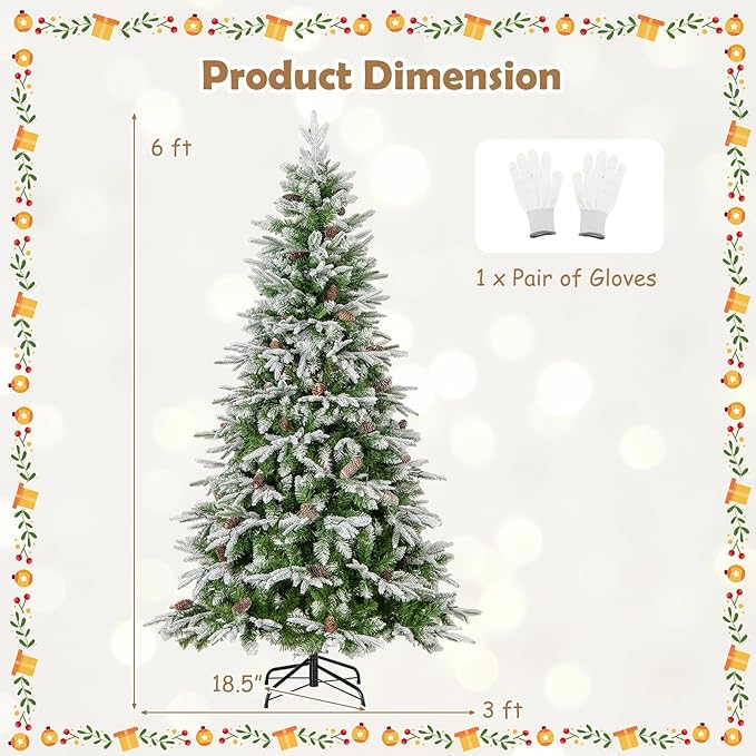 GOFLAME 6FT Pre-Lit Artificial Christmas Tree, Snow Flocked Xmas Tree with 765 Branch Tips, 280 Warm White LED Lights, 62 Pine Cones, Holiday Decoration Tree for Home Office Party