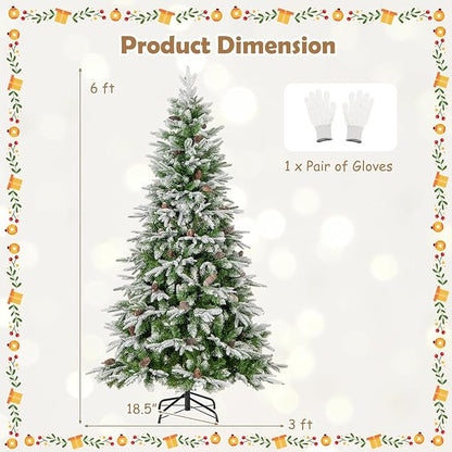GOFLAME 6FT Pre-Lit Artificial Christmas Tree, Snow Flocked Xmas Tree with 765 Branch Tips, 280 Warm White LED Lights, 62 Pine Cones, Holiday Decoration Tree for Home Office Party