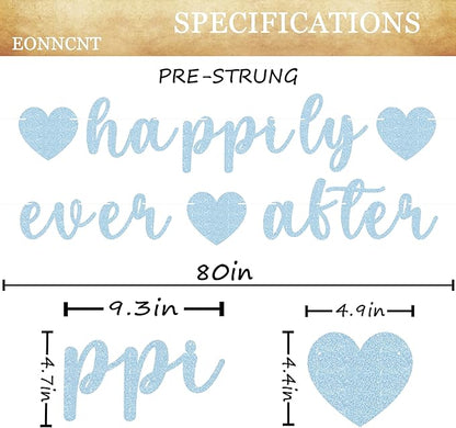 Pre-Strung Happily Ever After Banner - Light Blue Glitter Bachelorette Bridal Engagement Party Decoration Supplies, Bachelorette Wedding Party Banner for Engagement, Bridal Shower, Wedding Party Photo Booth Props