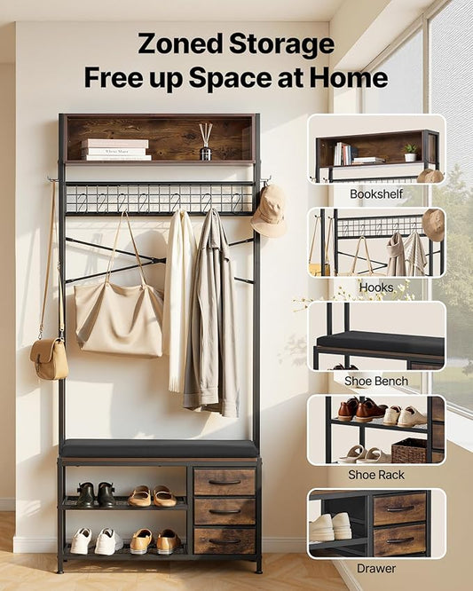 VEVOR Hall Tree with Bench and Shoe Storage, Entryway Bench with Coat Rack, 3 Drawers, 3 Storage Cubbies, 7 Hooks with Soft Cushion for Entryway, Hallway