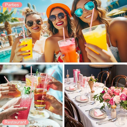 Hoolerry 1500 Pcs 8 Inch Plastic Straws Disposable Individually Wrapped Drinking Straight Long Straws, 0.24" Wide, for Hot and Cold Beverages (Pink)