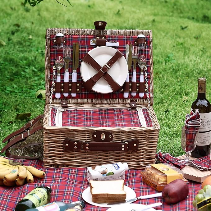 Wicker Picnic Basket for 4 with Waterproof Picnic Blanket and Insulated Cooler, Willow Hamper for Camping, Outdoors, Photoshoot, or a Birthday, Valentine’s Day, Wedding Gift