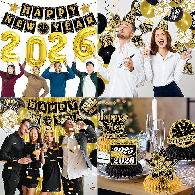 New Years Eve Party Supplies 2026,Black Gold 2026 Happy New Years Decorations Set,happy New Year Banner,Hat,New Year Hanging Swirls,Headband Tiara,Foil Balloons,Curtain,Honeycpmb for Nye Decor