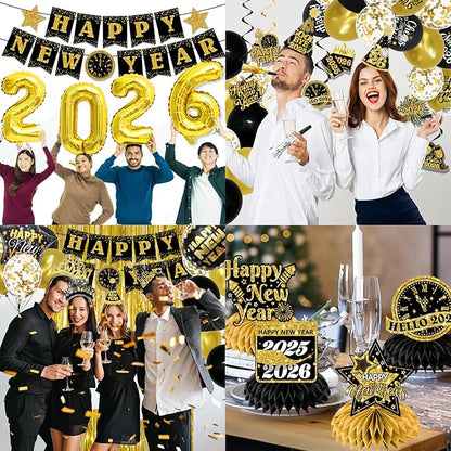 New Years Eve Party Supplies 2026,Black Gold 2026 Happy New Years Decorations Set,happy New Year Banner,Hat,New Year Hanging Swirls,Headband Tiara,Foil Balloons,Curtain,Honeycpmb for Nye Decor