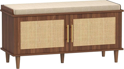 Rattan Shoe Storage Bench with Cushion, 2-Tier Entryway Bench with Adjustable Shelves and 2 Doors, 15" D x 39.4" W x 20" H, Solid Wood Legs, for Hallway, Living Room, Bedroom, Walnut