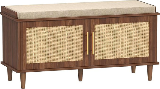 Rattan Shoe Storage Bench with Cushion, 2-Tier Entryway Bench with Adjustable Shelves and 2 Doors, 15" D x 39.4" W x 20" H, Solid Wood Legs, for Hallway, Living Room, Bedroom, Walnut