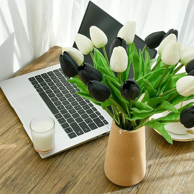 ONLY ART Artificial Black and White Tulips 20 Pcs – 13.5 Inch PU Faux Flowers with Bendable Stems for Home Décor, Wedding Centerpieces, DIY Floral Arrangements, Table Decorations