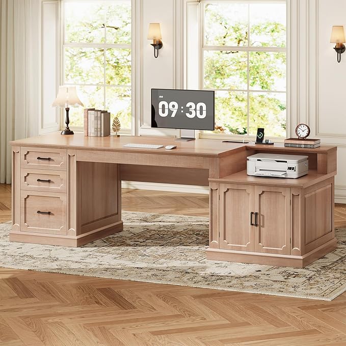 SEDETA Farmhouse 70.9" Executive Desk, Home Office Desk with File Drawers and Storage Cabinet, Computer Desk with Power Outlet for Home Office, Work Study Writing, Natural Oak