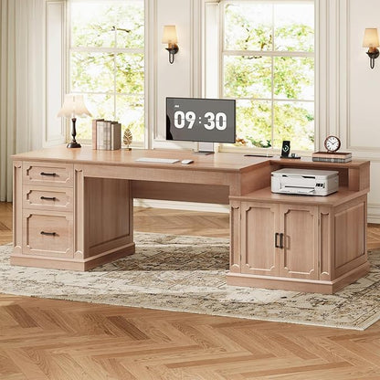 SEDETA Farmhouse 70.9" Executive Desk, Home Office Desk with File Drawers and Storage Cabinet, Computer Desk with Power Outlet for Home Office, Work Study Writing, Natural Oak
