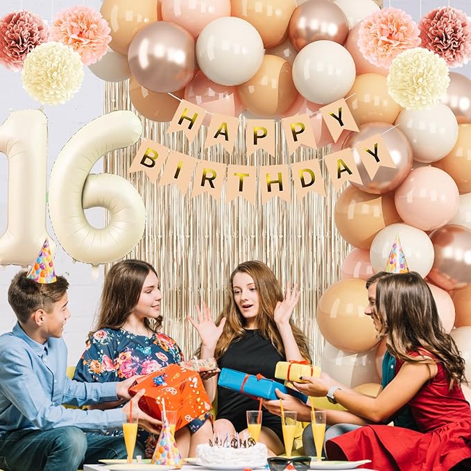 Beige 16th Birthday Decorations Girls Boys Cream Number 16 Balloon Nude Gold Happy Birthday Banner Fringe Curtain Paper Pom Poms Blush White Sand Champagne Star Foil Balloons Neutral Boho Party Decor