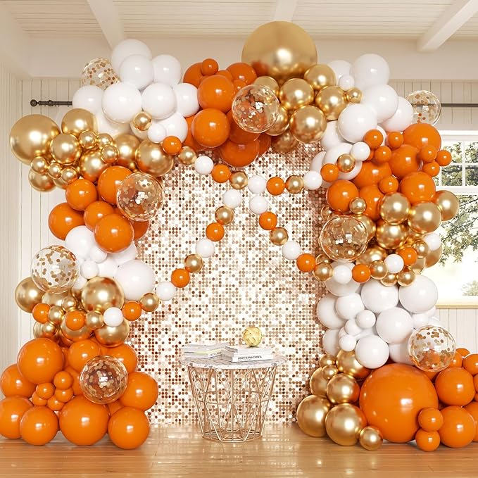 Orange and White Balloons Arch Kit, 162pcs Orange White Metallic Gold and Confetti Balloons for Fall Thanksgiving Baby Shower Halloween Anniversary Birthday Party Decorations