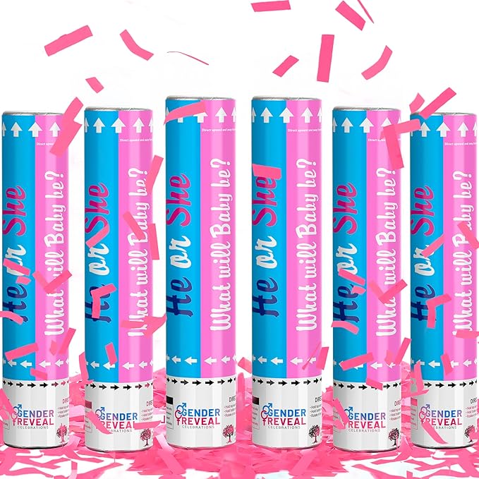 6 Pack Gender Reveal Confetti Cannon | No Powder Confetti Poppers | Ideal for Baby Girl Gender Reveal Decoration (6 Pink)