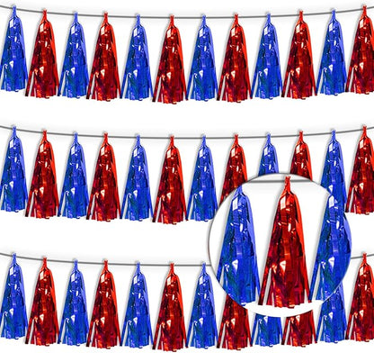 3P Blue Red Tassel Banner Garland Metallic Foil Fringe Banner Tinsel Tassels Streamer Banner Backdrop for Parade Floats, Graduation, Independence Day, 4th of july, Patriotic Themed Party Decoration