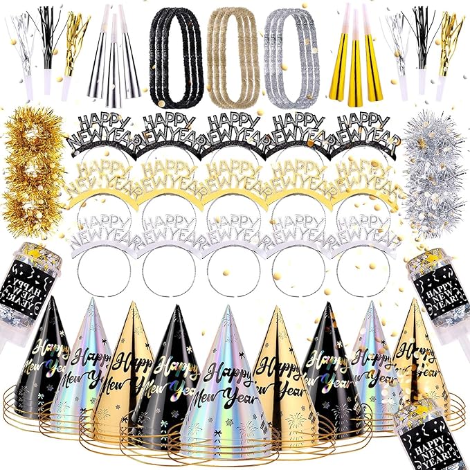 Auihiay 269 PCS New Years Eve Party Supplies | Includes Happy New Year Tiaras, Cone Hats, Bracelets, Horns, Squawkers, Leis & More | Perfect for New Years Decorations 2026 & NYE Celebrations