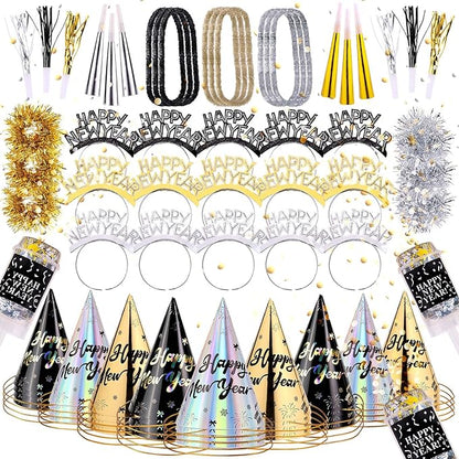 Auihiay 269 PCS New Years Eve Party Supplies | Includes Happy New Year Tiaras, Cone Hats, Bracelets, Horns, Squawkers, Leis & More | Perfect for New Years Decorations 2026 & NYE Celebrations