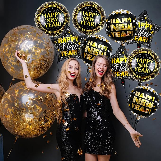 9 PCS Happy New Year Balloons Black Gold 18 Inch New Years Balloons for Happy New Year Decorations 2026 New Years Eve Party Supplies