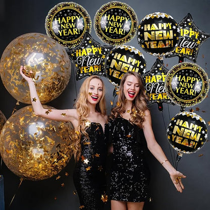 9 PCS Happy New Year Balloons Black Gold 18 Inch New Years Balloons for Happy New Year Decorations 2026 New Years Eve Party Supplies