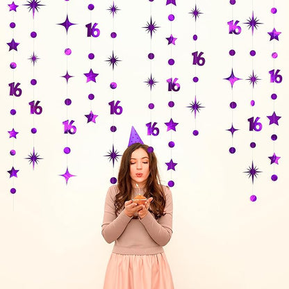 Purple Number 16 Circle Dot Twinkle Star Garland Kit Metallic Hanging Streamer Bunting Banner Backdrop Decorations for Girls Boys 16th Birthday Sweet Sixteen Wedding Anniversary Bridal Shower Party