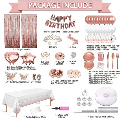 285 Pcs Rose Gold Party Decorations, Birthday Decorations For Women Or Girl - Knives, Forks and Spoons, Tiara, Butterfly, Sash, Paper Pom Poms, Balloon Stand, Tableware For 25 Guests