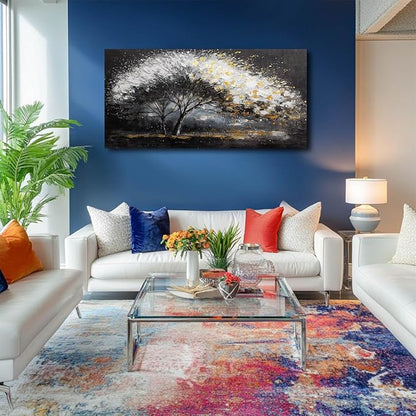 White and Gold Wall Art Tree Wall Decor Contemporary Landscape Canvas Art for Living Room Black Framed Wall Prints for Bedroom Office 24x48 Inch