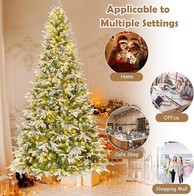 GOFLAME 9FT Pre-Lit Artificial Christmas Tree, Snow Flocked Xmas Tree with 1871 Branch Tips, 690 Warm White LED Lights, 117 Pine Cones, Holiday Decoration Tree for Home Office Party