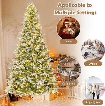 GOFLAME 9FT Pre-Lit Artificial Christmas Tree, Snow Flocked Xmas Tree with 1871 Branch Tips, 690 Warm White LED Lights, 117 Pine Cones, Holiday Decoration Tree for Home Office Party
