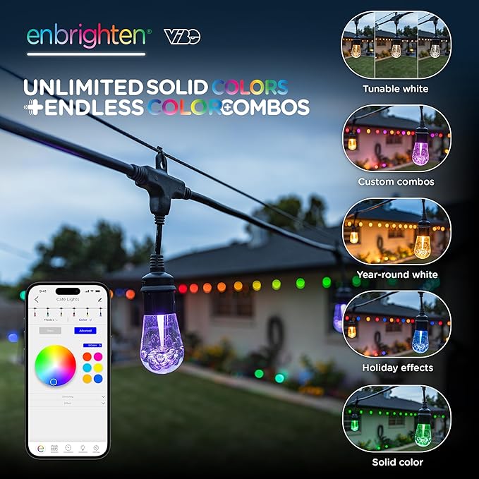 Enbrighten Vibe Vintagе Outdoor String Lights 2, 24ft, 12 RGBWIC Shatterрroof Acrylic Bulbs, Waterрroof, Patiо, Backyard, Gamеday, Holiday, Smart App, Works with Alеxa, Google Home, 86127
