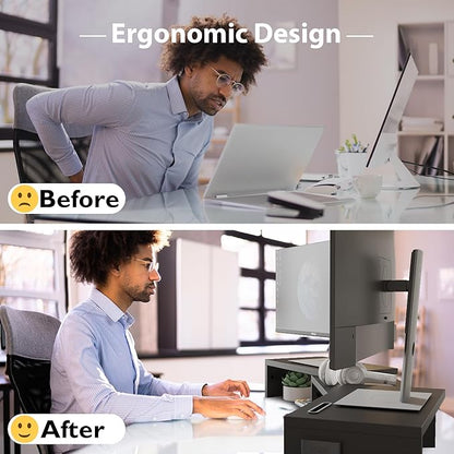 BONTEC Dual Monitor Stand Riser with Smartphone Holder, Adjustable Length & Swivel Angle, Ergonomic Wooden Desktop Organizer for PC Monitor, Laptop, Printer, Large Storage, Black