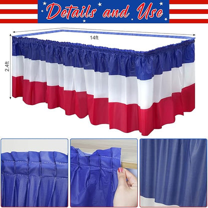 1 Pack 4th of July Plastic Table Skirts Decorations, Red White and Blue Patriotic Disposable Table Skirts, Fourth of July Table Party Decorations for Independence Memorial Veterans Day, 2.4 x 14 Ft