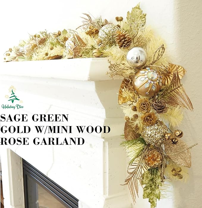 5 ft Christmas Garland for Mantle Unlit Garland for Stairs Railing, Banister, Staircase, Fireplace, for Table No Light, Garland Decor Frosted Red Poinsettia Holiday Tree (Sage Green Gold)