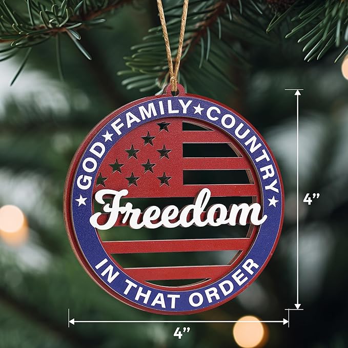 United States 250th Anniversary Ornament, Wooden 250th Anniversary USA Christmas Tree Ornament, 250 Patriotic American Flag Christmas Ornaments, Gift for US Citizens, Patriotic Collectors (Freedom)