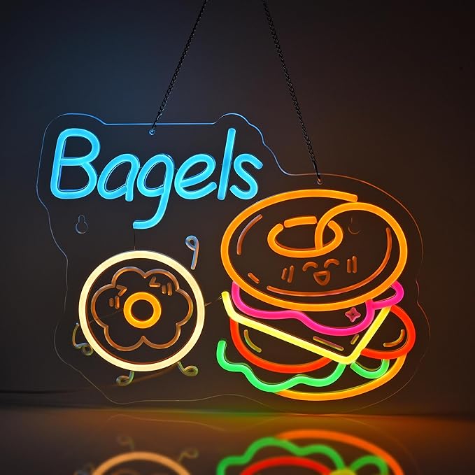 Bagels Neon Sign, Neon Lights Hanging Wall Art Decoration for Store Retail Shop Market Mall Grocery Bakeries Café Celebration Home Decor, USB Powered Ultra Bright Dimmable, 15.75*12.2 inches