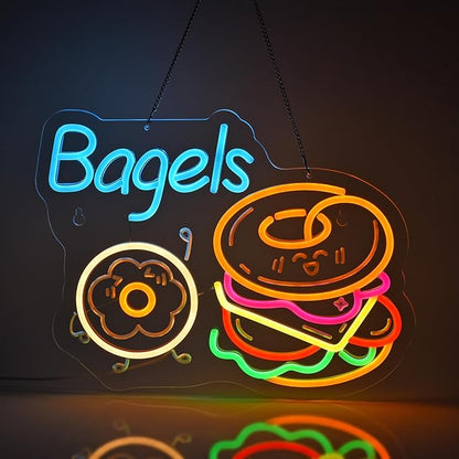 Bagels Neon Sign, Neon Lights Hanging Wall Art Decoration for Store Retail Shop Market Mall Grocery Bakeries Café Celebration Home Decor, USB Powered Ultra Bright Dimmable, 15.75*12.2 inches