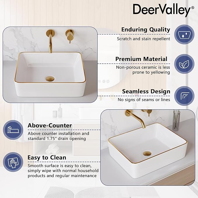 DeerValley 19x15 Inch Rectangular Vessel Sink, White Ceramic Bathroom Sink with Gold Trim, Above Counter Modern Basin, DV-1V0365