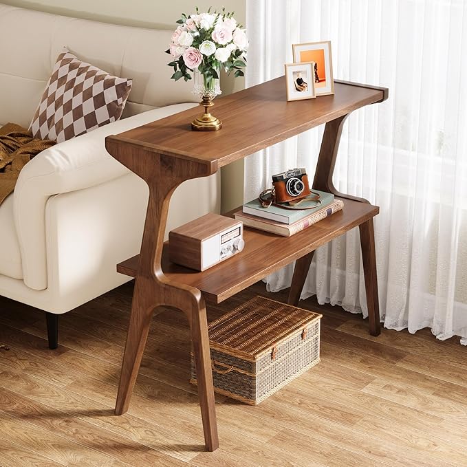 Tribesigns Solid Wood End Table, Rustic Side Table for Couch, 2-Tie Farmhouse Tall End Table, Narrow Bedside Table for Bedroom, Living Room, Easy Assembly, Rustic Brown