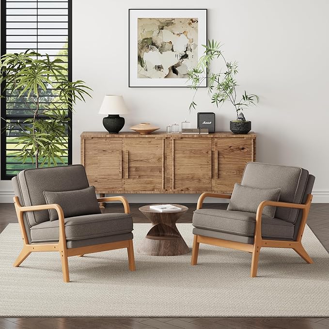Accent Chair with Solid Wood Frame, Mid-Century Relaxing Armchair Lumbar Pillow& Soft Cushion, Reading Leisure Chair for Living Room, Bedroom, Waiting Room-Grey