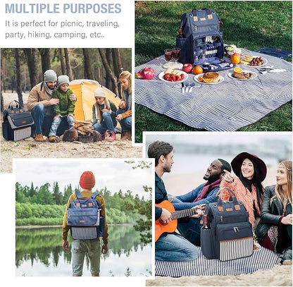 HappyPicnic Picnic Backpack Bag for 4, Wide Open with Large Capacity Insulated Cooler Compartment,9" Plates,Wooden Handle Cutlery and Waterproof Blanket Best Gift - Navy Blue