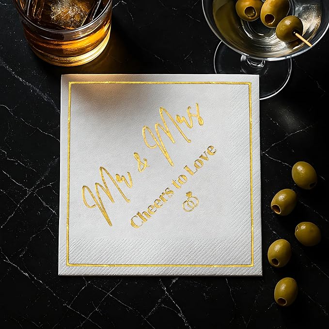 Mr and Mrs Wedding Napkins, Elegant Gold Foil White Paper Cocktail Napkin, Disposable Decorations for Weddings, Receptions, Bridal Showers, Bar, 50 Pack