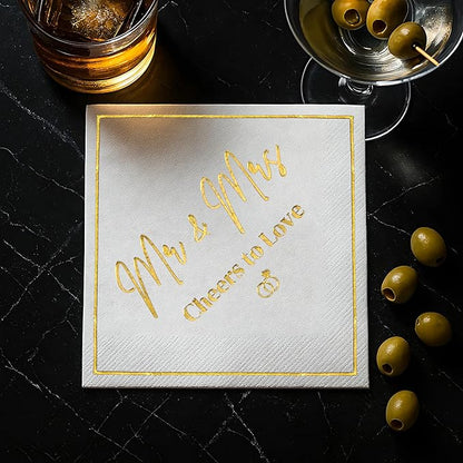 Mr and Mrs Wedding Napkins, Elegant Gold Foil White Paper Cocktail Napkin, Disposable Decorations for Weddings, Receptions, Bridal Showers, Bar, 50 Pack