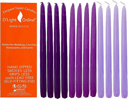 D'light Online Elegant 12" Purple Gradient Taper Candles Premium Quality- Unscented, Hand-Dipped Tapered Candles, Dripless and Smokeless - Set of 12 (12 Inch, Purple Gradient)