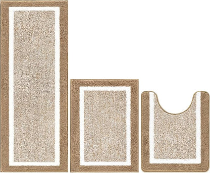 Pauwer Bathroom Rugs Sets 3 Piece Bathroom Shower Rugs with U-Shaped Contour Toilet Mat Absorbent Microfiber Plush Bath Mats Non Slip Bath Rug Machine Washable Shaggy Floor Mat, Khaki