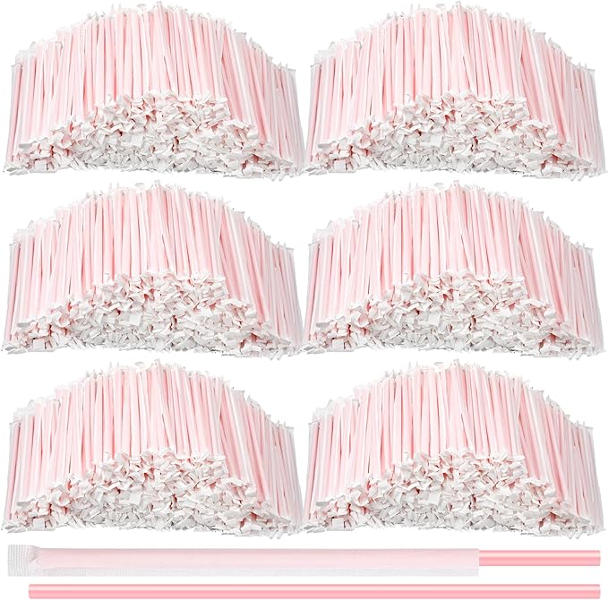 Hoolerry 1500 Pcs 8 Inch Plastic Straws Disposable Individually Wrapped Drinking Straight Long Straws, 0.24" Wide, for Hot and Cold Beverages (Pink)