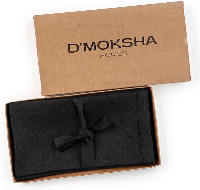 D'Moksha Homes Black Linen Napkins Set of 6 - Classic Hemstitch 100% Pure Linen Hemstitch Dinner Napkins 20 x 20 Inch for Winter, Christmas, Holiday - Handcrafted and Machine Washable