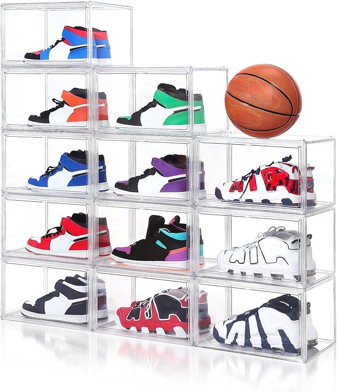 Acrylic Shoe Storage Boxes with Magnetic Door - 360° Clear Stackable Shoe Display Box Set, Plastic Shoe Cabinet Rack Box for Sneakers Heels Shoes (1, Clear, XL - Side Open)