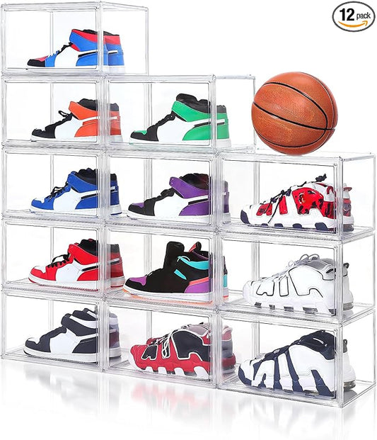 Acrylic Shoe Storage Boxes with Magnetic Door - 360° Clear Stackable Shoe Display Box Set, Plastic Shoe Cabinet Rack Box for Sneakers Heels Shoes (12, Clear, XL - Side Open)