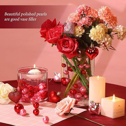 Hicarer 120 Pieces Pearl for Vase Filler Pearl Bead Vase Centerpieces Brush Holder Assorted Round Faux Bead for Crafting, Home Wedding Table Decor 14/20/30 mm(Dark Pink, Bright Red)